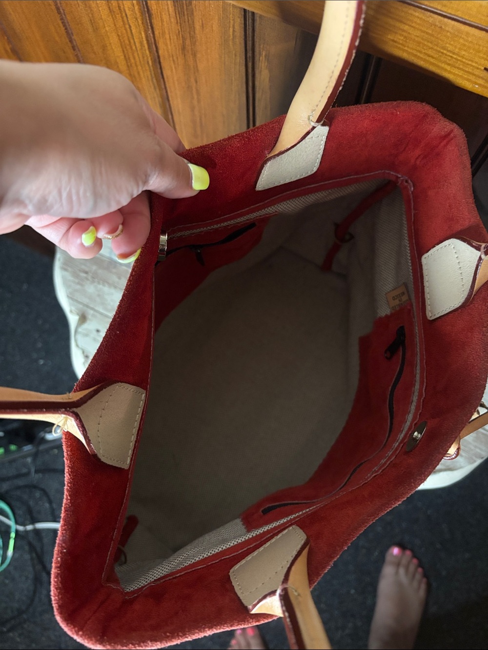 Dooney & Bourke Red Suede Tote with Tan Handles - Picture 11 of 16